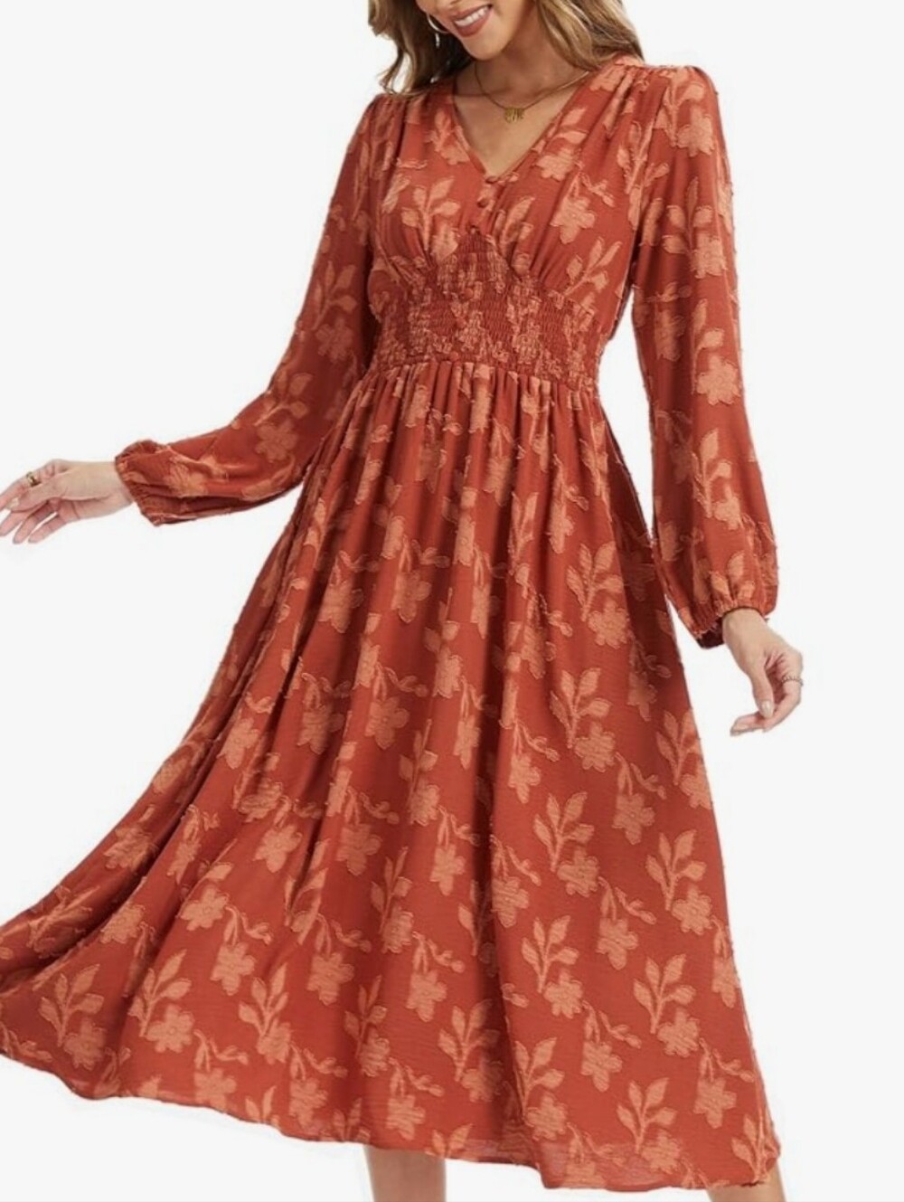 Kormei Boho Floral Long Sleeve Maxi Dress V Neck Empire Waist